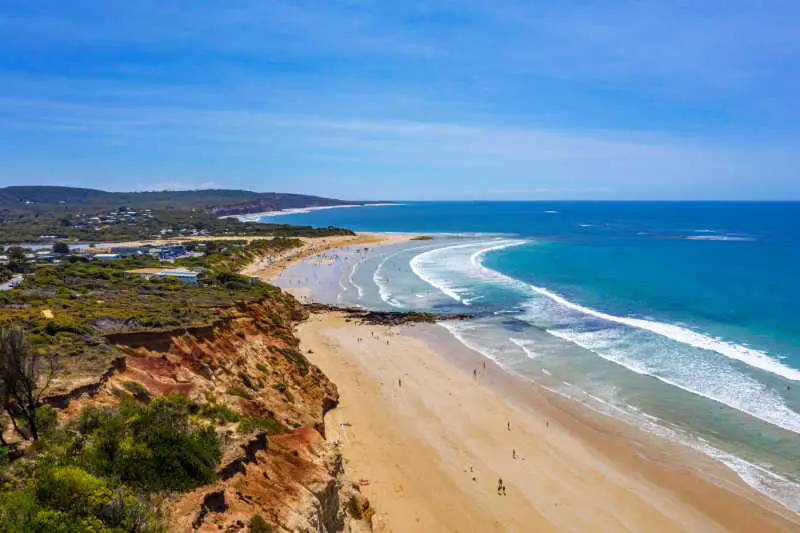 View of Anglesea Beach Victoria with blue sky, ocean and shoreline.