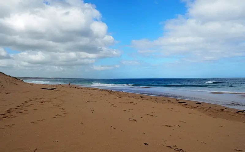 Lone person walking along the dark golden sand at a beach in Warrnambool. There are white fluffy clouds in the bright blue sky and the ocean is aquamarine blue with gentle waves. 