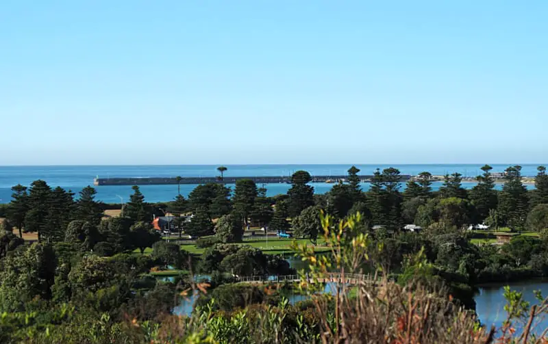 Cannon Hill tourist attraction in Warrnambool with views across the lake to the ocean. 