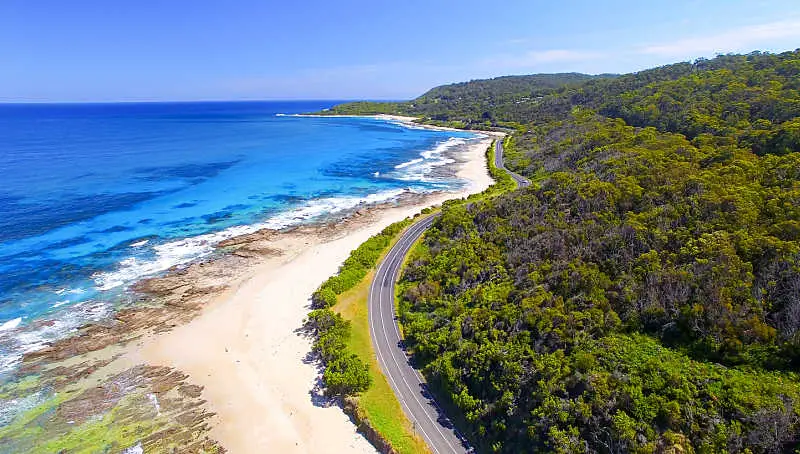 View of the Great Ocean Road beaches, coastline, trees, and road with blue sky and ocean.