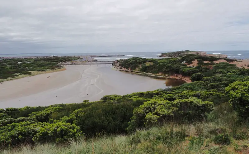 View of the Merri Bridge and river mouth with coastal scrub in the foreground and the ocean in background from Pickering Point in Warrnambool.  
