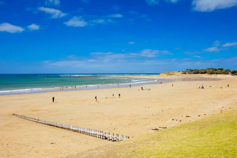 Image of Torquay Beach Great Ocean Road with people on the sand, a small jetty, blue skies and ocean shore.