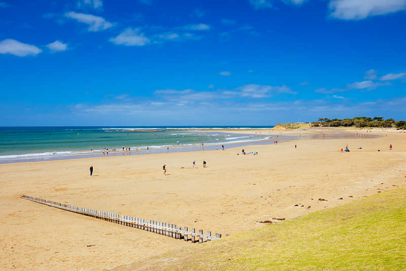 Image of Torquay Beach Great Ocean Road with people on the sand, a small jetty, blue skies and ocean shore.