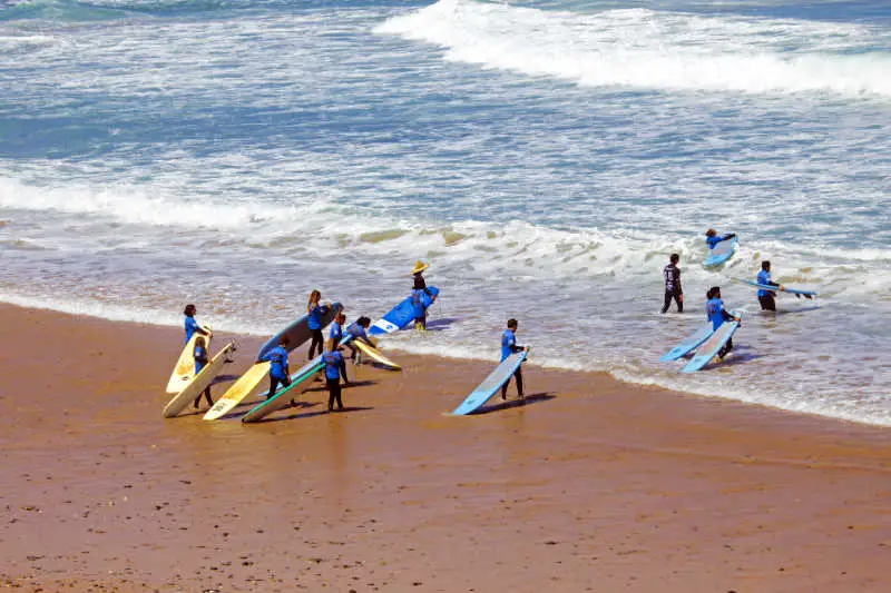 People having Torquay surf lessons walking into the water their surfboards. 