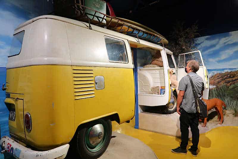 Checking out an old combi van at the Torquay Surf Museum a great place to visit in Torquay Victoria.