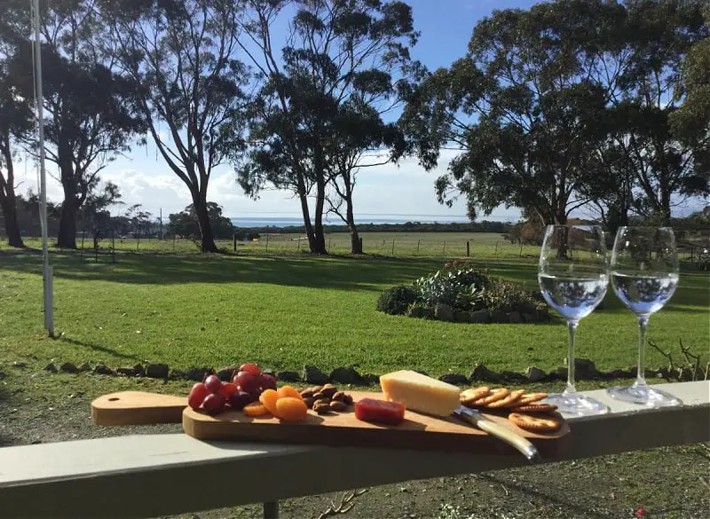 Two glasses of wine and a cheese board sitting on a railing overlooking a lawn with trees and views to the ocean at Olivi Bed & Breakfast luxury accommodation in Wilsons Prom.