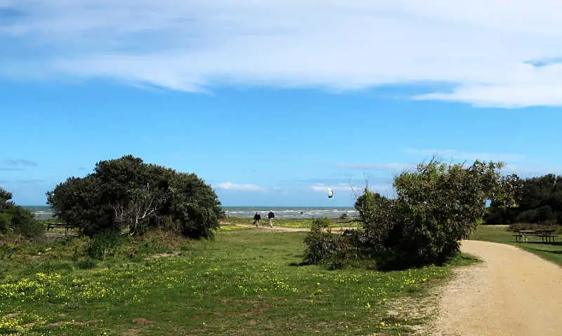 People walking along a track at the Point Cook Coastal Park with bushes, blue sky, and a paraglider.