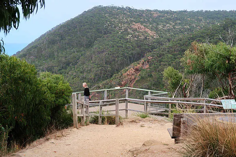 Woman enjoying the view at Teddy's Lookout a popular Lorne attraction.