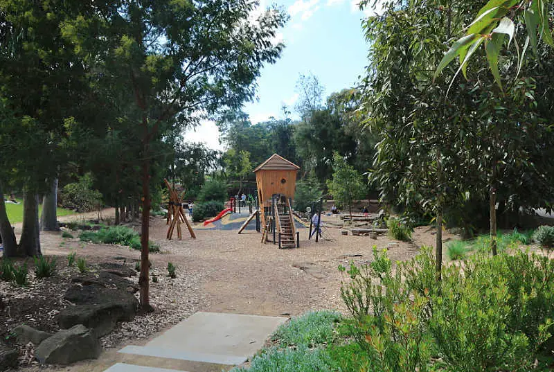 Playground and trees in Wyndham Park one of the fun things to do in Werribee with kids.