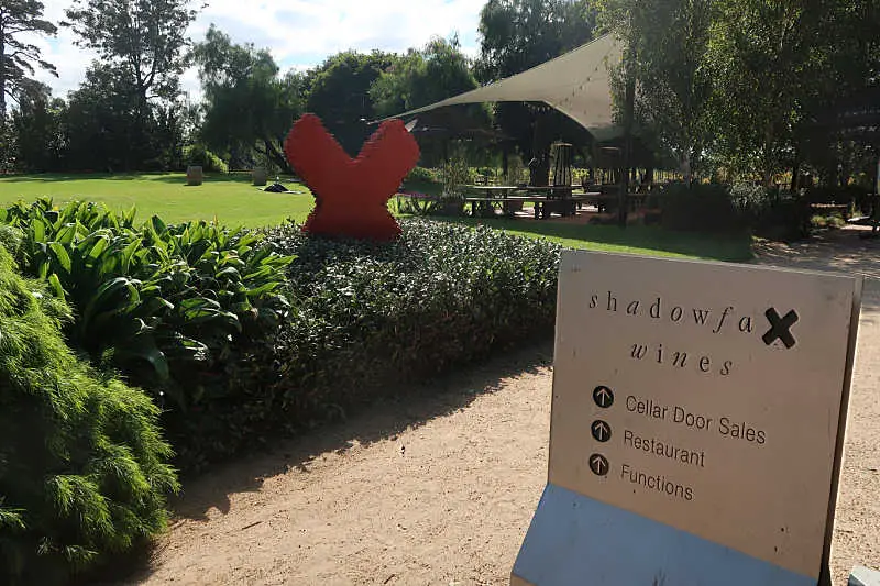 Image of Shadowfax Winery in Werribee Victoria with sign, grassy area, and outdoor dining area.