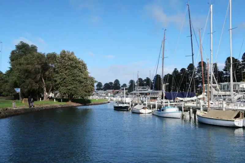Boats moored at Port Fairy Harbour.