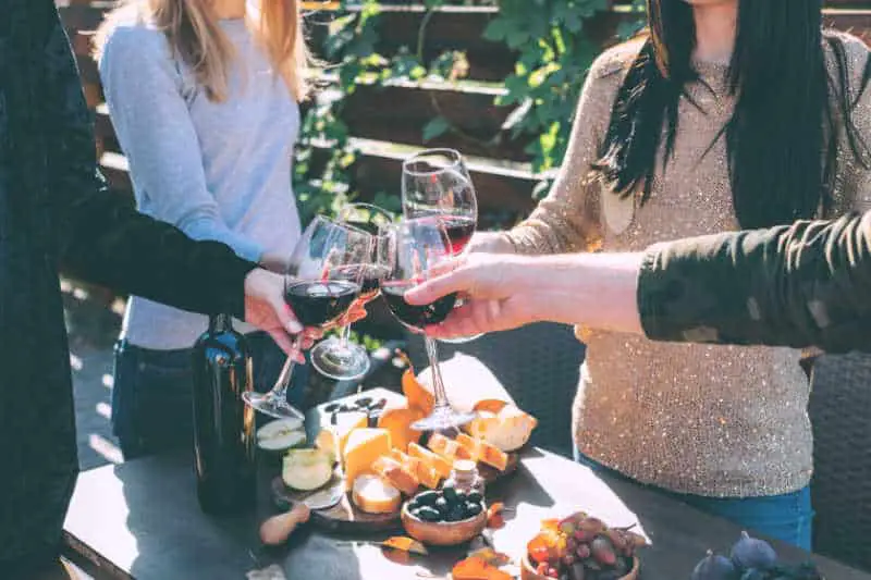 People clinking glasses of wine in a cheers with a cheese platter. 