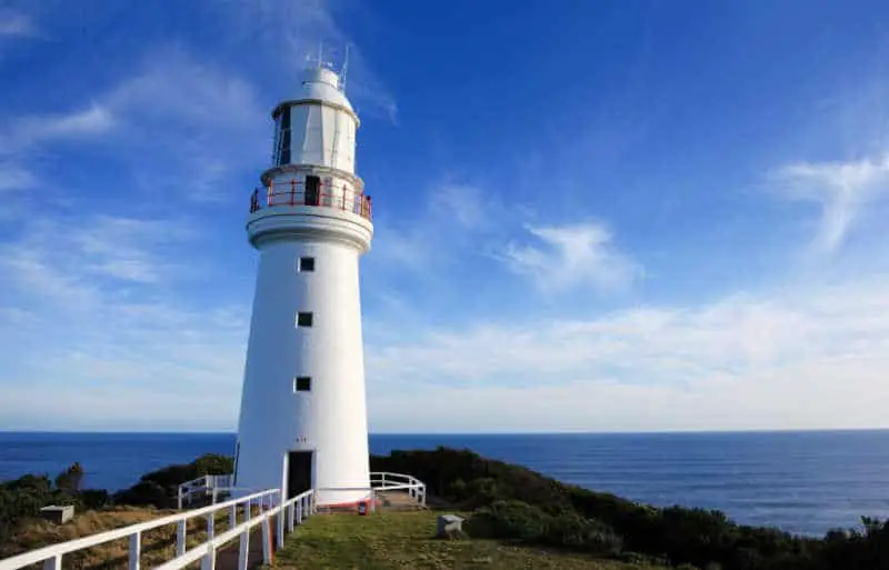 Cape Otway Lightstation on the Great Ocean Road with ocean and deep blue sky. A wonderful landmark in Victoria.