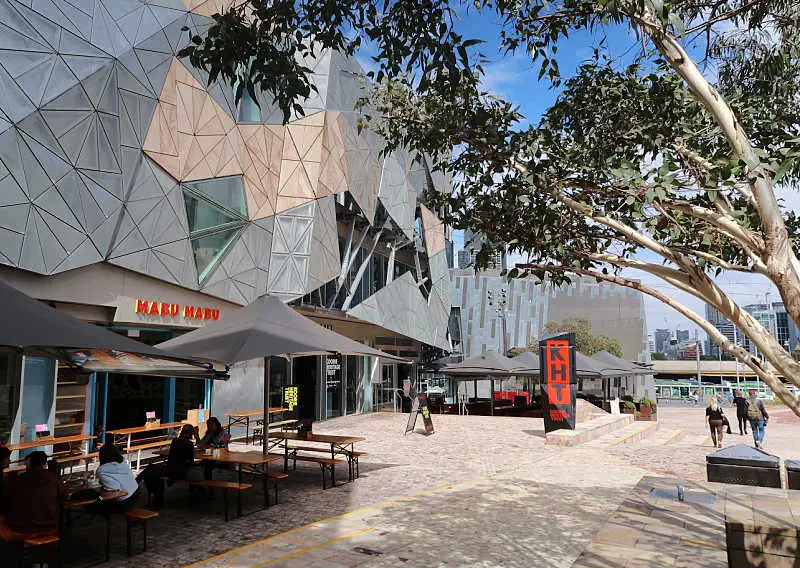 People enjoying lunch at a cafe in Federation Square Melbourne.