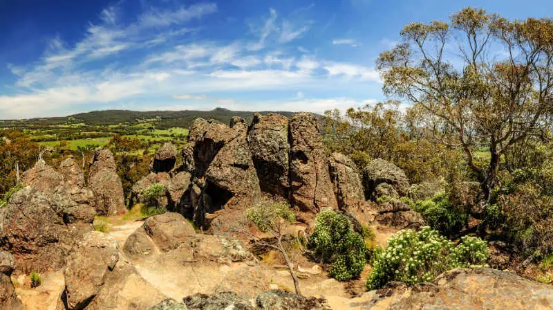 Hanging Rock in Mt Macedon Victoria with native trees and crisp blue skies.