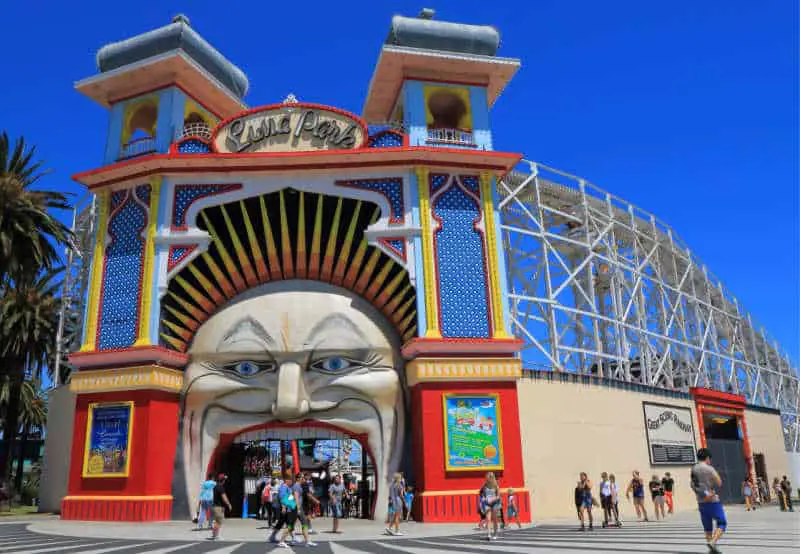 Wide gaping mouth entrance at Luna Park in St Kilda an iconic Melbourne landmark.