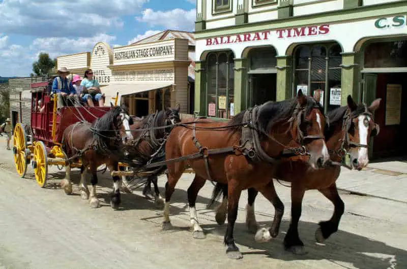 Horses and carriage at Sovereign Hill one of the landmarks in Victoria popular with families.
