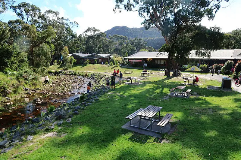 Picnic area and creek at the Stoney Creek Shops in Halls Gap Grampians Victoria.