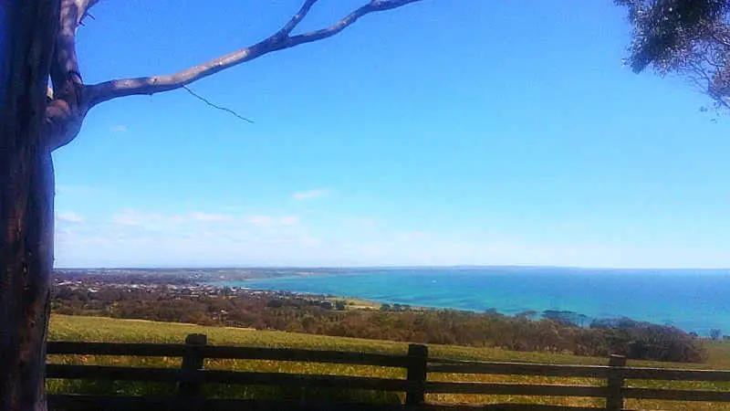 View of the Bellarine Peninsula from a hillside overlooking the bay. There is a low wooden fence in the foreground and a leafless tree branch overhead. The Bellarine Peninsula is a beautiful place to visit in Victoria.