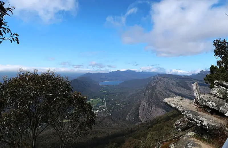 View of a lake with bright blue sky at Broroka Lookout in the Grampians 