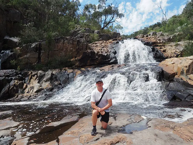 Andrew at Fish Falls one of the more unusually shaped Grampians waterfalls.