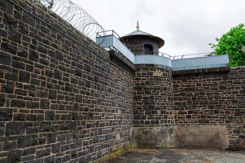 Prison walls and barbed wire at J-Ward, Ararat's old gaol and lunatic asylum. 