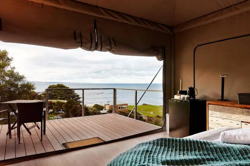 Ocean view and deck from Lorne Foreshore Caravan Park accommodation on the Great Ocean Road in Victoria.