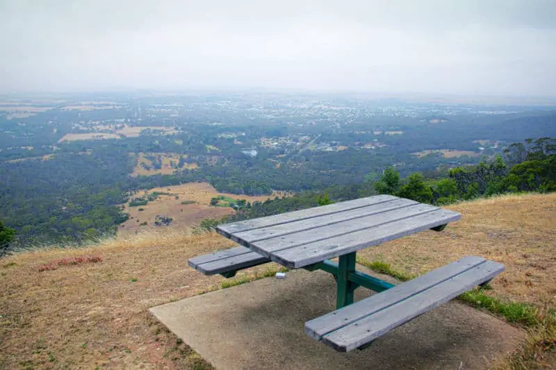 Picnic table with views at One Tree Hill Lookout in Ararat.
