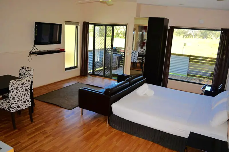Cabin interior at Bimbi Park with a large bed, couch, wall-mounted television and animal print chairs. 