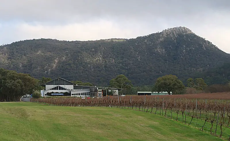 Mountainside view of Mount Langi Ghiran Estate Winery in the Grampians with grey skies.