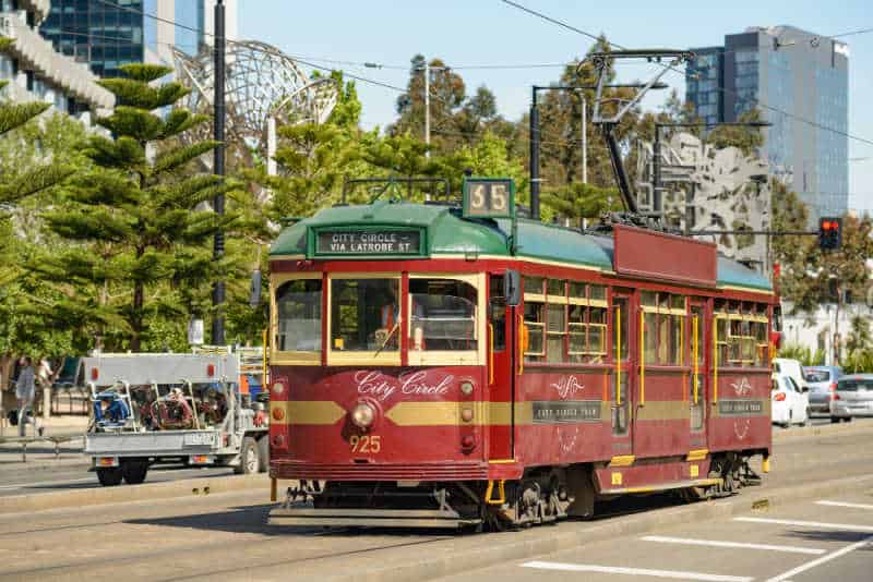 Melbourne City Circle tram arriving at the Docklands area of the city.