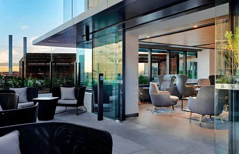 Al Fresco dining and view through sliding door to the interior at Four Points Sheraton Hotel in Docklands Melbourne.