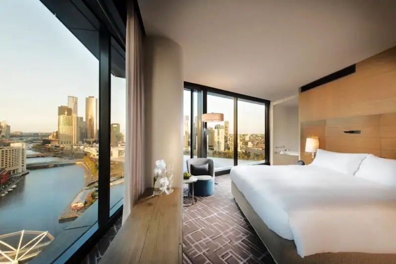 Guest room with views at Pan Pacific Melbourne South Wharf.