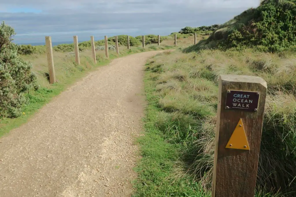 Great Ocean Walk Sign with yellow triangle and walking track.