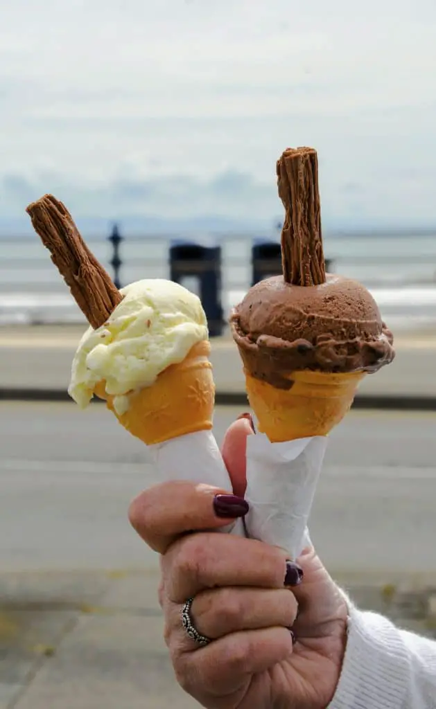 Woman's hand holding two ice cream cones with flake chocolate bars.