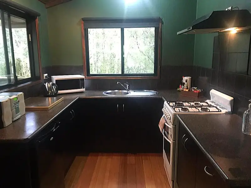 Kitchen with stove and microwave and forest views from the windows at Parkwood Cottage in the Otways.