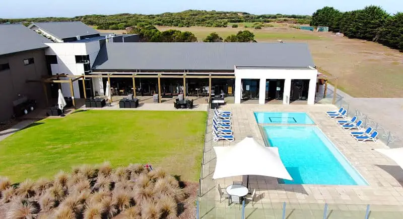 Aerial view of Barwon Heads Resort on The Bellarine with views of the pool and grass area.