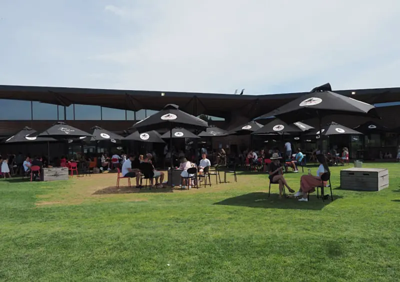 People relaxing outside drinking Yes Said The Seal wine at the Flying Brick Cider House on the Bellarine Peninsula in Victoria Australia.