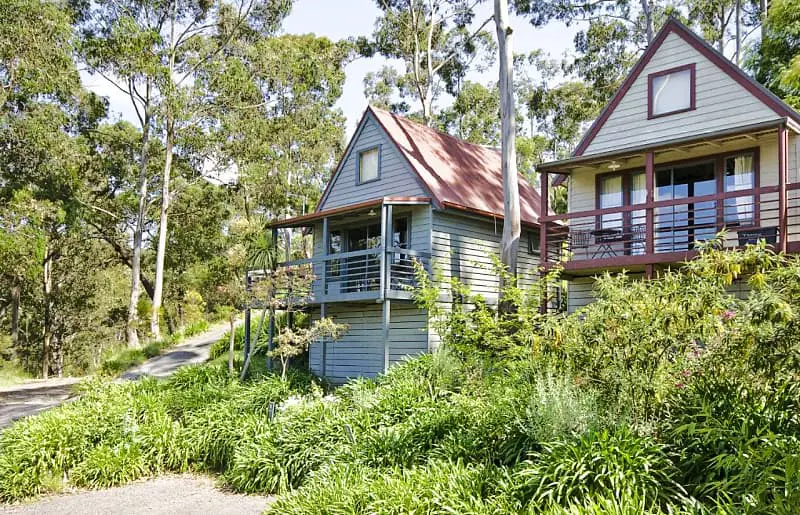 View of the elevated Great Ocean Road Cottages with balconies surrounded by bushland.