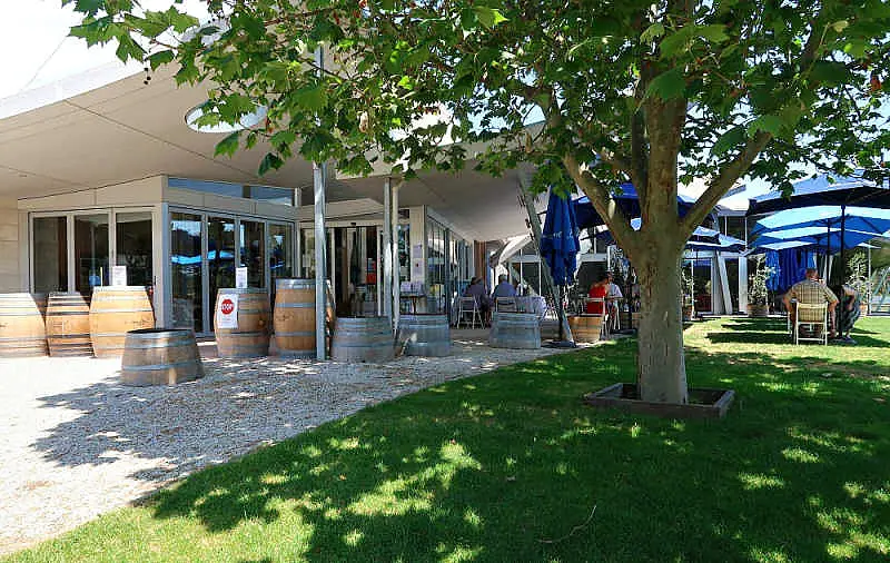 People drinking wine under blue umbrellas and a shady tree surrounded by old wine barrels at Leura Park winery Bellarine Peninsula.