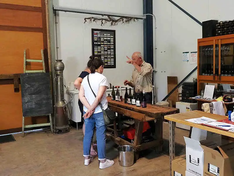 Women tasting Bellarine Peninsula wines at Marcus Hill Winery while chatting with the winemaker.