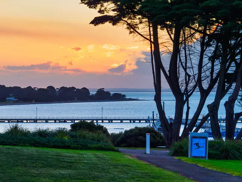 View of the bay and pier in Portarlington at sunset with trees and a path in the foreground. 