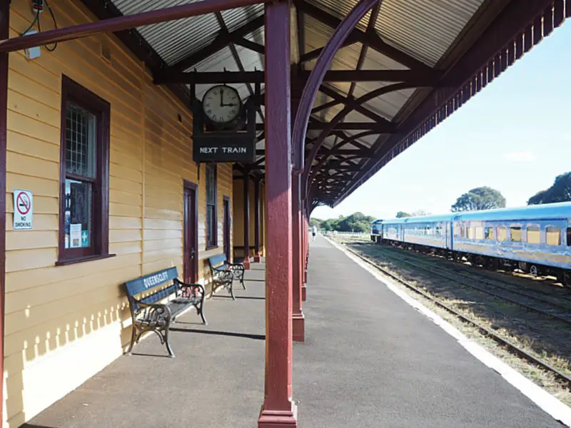View of the blue Q Train at Queenscliff Train Station. Riding the Bellarine Railway is a fun thing to do in Portarlington.