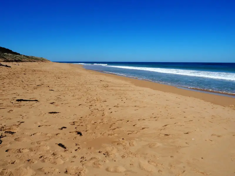 Long stretch of golden sand with white capped ocean waves on a clear blue day at Granny's Grave Beach in Warrnambool. 