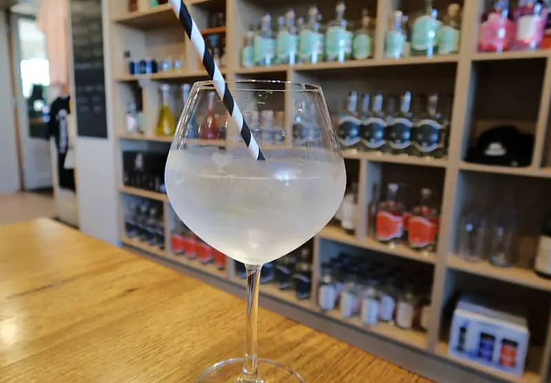 A large glass of gin and tonic with a striped straw at Queenscliff Distillery. A wall of shelves filled with bottles of gin can be seen behind the glass of gin.