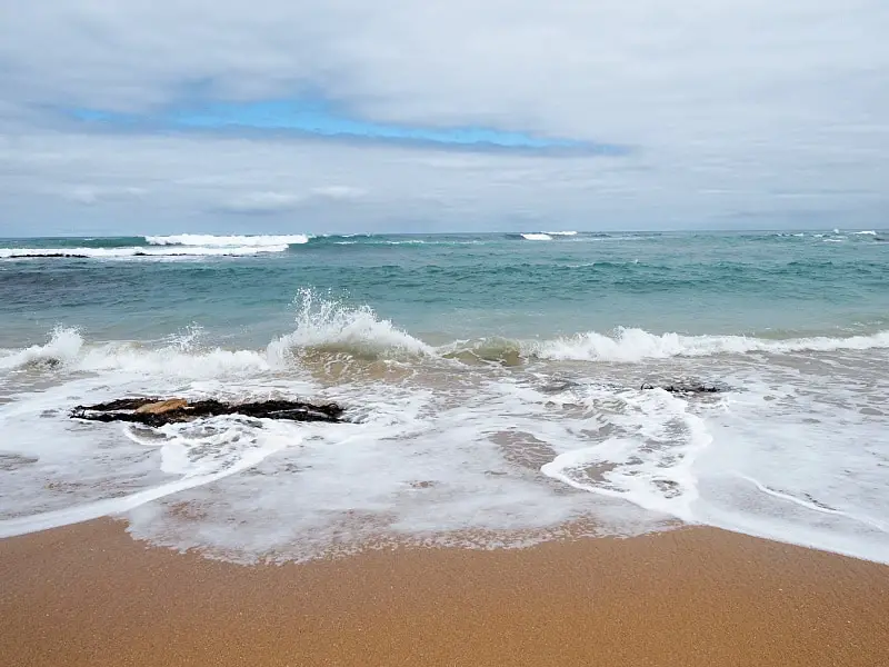 Golden sand and splashing white capped waves on a cloudy day at Shelly Beach. There is a slash of bright blue sky breaking through the clouds. Shelly Beach is one of the less visited of the Warrnambool beaches. 