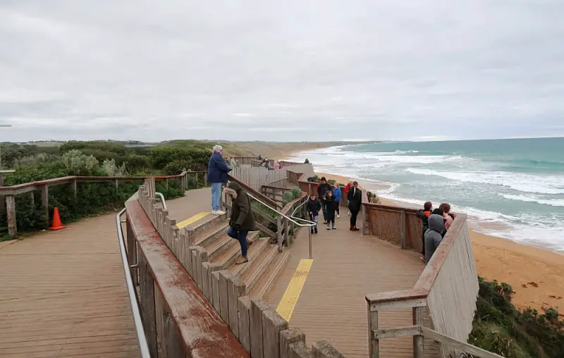 People looking for whales from the whale watching platform at Logans Beach one of the most beautiful Warrnambool beaches.