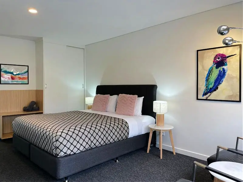Guest room at Coastal Motel in Apollo Bay. There is a brown double bed with two pink pillows and a side table and lamp, and a picture of a bird on the wall.   