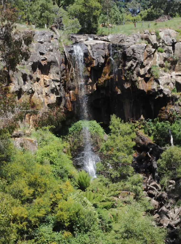 View of Sailors Falls as it drops into a fern-lined gully. This is one of the easily accessible Daylesford waterfalls.
