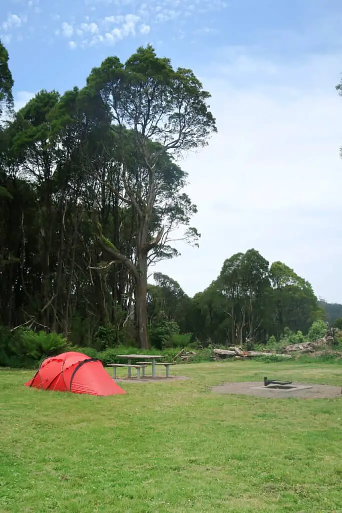 Grassed reserve at Beauchamp Falls Campground. There is a small red tent, a firepit and picnic table, and tall gum trees in the background. This is a popular spot for free camping in the Great Ocean Road area. 